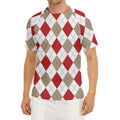 White Red And Beige Argyle Pattern Print Men's Short Sleeve Rash Guard