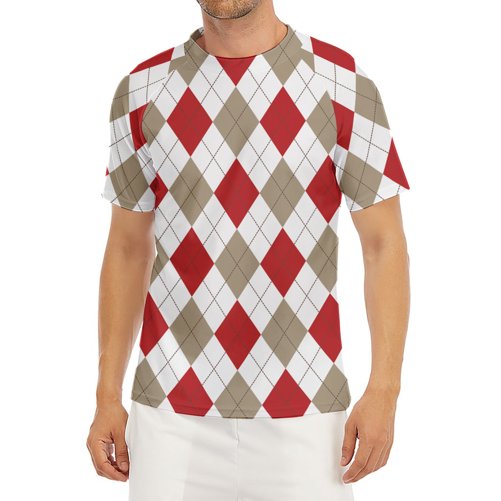 White Red And Beige Argyle Pattern Print Men's Short Sleeve Rash Guard