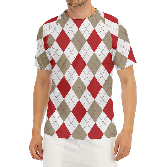 White Red And Beige Argyle Pattern Print Men's Short Sleeve Rash Guard