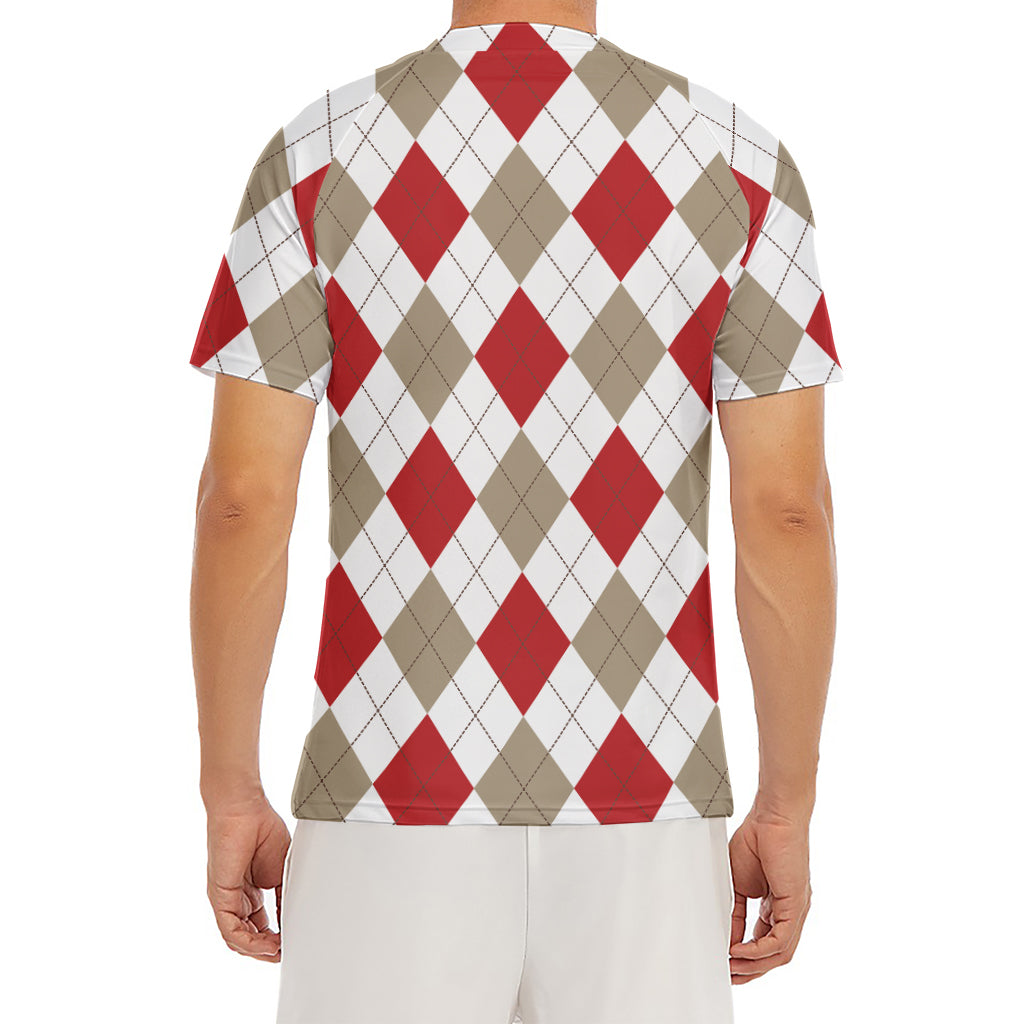 White Red And Beige Argyle Pattern Print Men's Short Sleeve Rash Guard