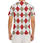 White Red And Beige Argyle Pattern Print Men's Short Sleeve Rash Guard