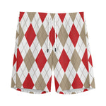 White Red And Beige Argyle Pattern Print Men's Sports Shorts