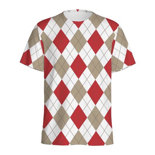 White Red And Beige Argyle Pattern Print Men's Sports T-Shirt