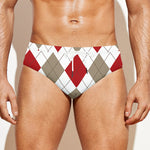 White Red And Beige Argyle Pattern Print Men's Swim Briefs