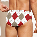 White Red And Beige Argyle Pattern Print Men's Swim Briefs