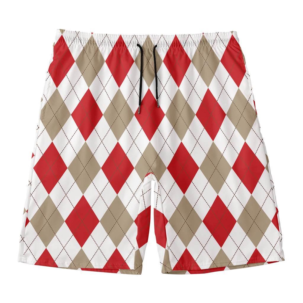White Red And Beige Argyle Pattern Print Men's Swim Trunks
