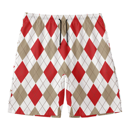 White Red And Beige Argyle Pattern Print Men's Swim Trunks
