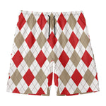 White Red And Beige Argyle Pattern Print Men's Swim Trunks