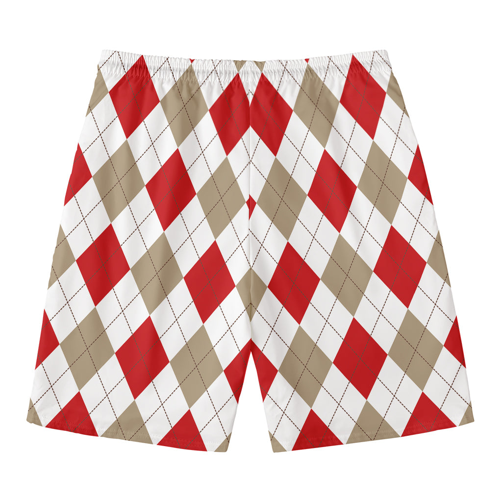 White Red And Beige Argyle Pattern Print Men's Swim Trunks