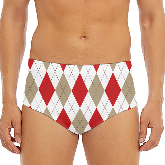 White Red And Beige Argyle Pattern Print Men's Triangle Swim Briefs