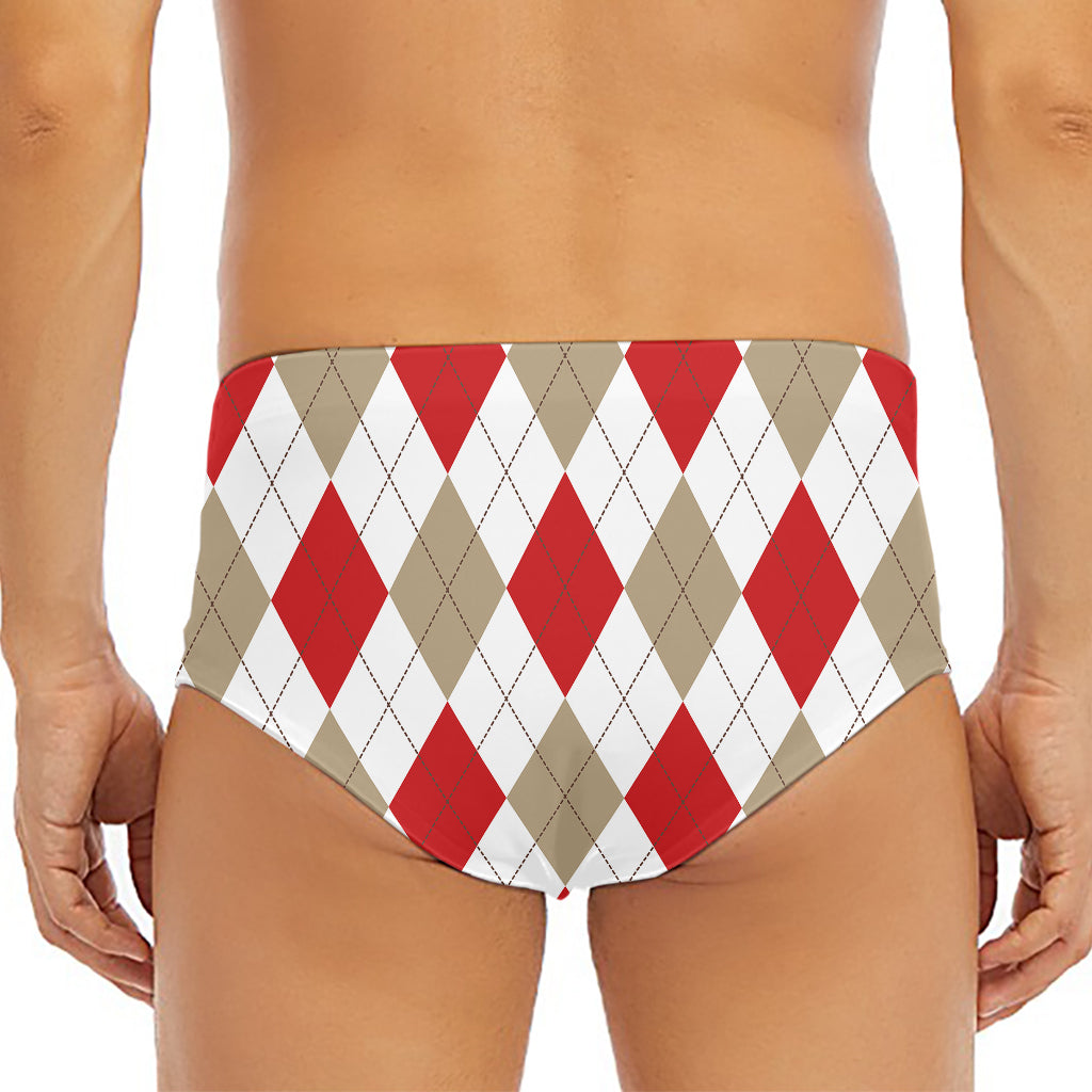 White Red And Beige Argyle Pattern Print Men's Triangle Swim Briefs
