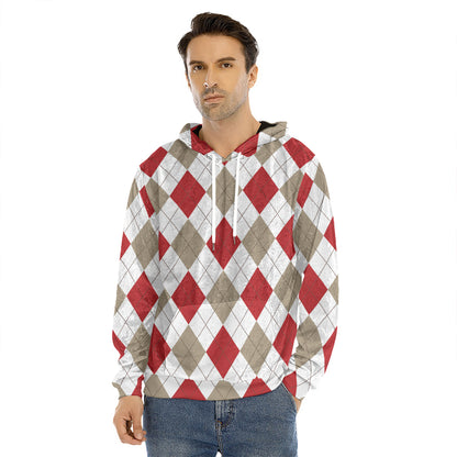 White Red And Beige Argyle Pattern Print Men's Velvet Pullover Hoodie