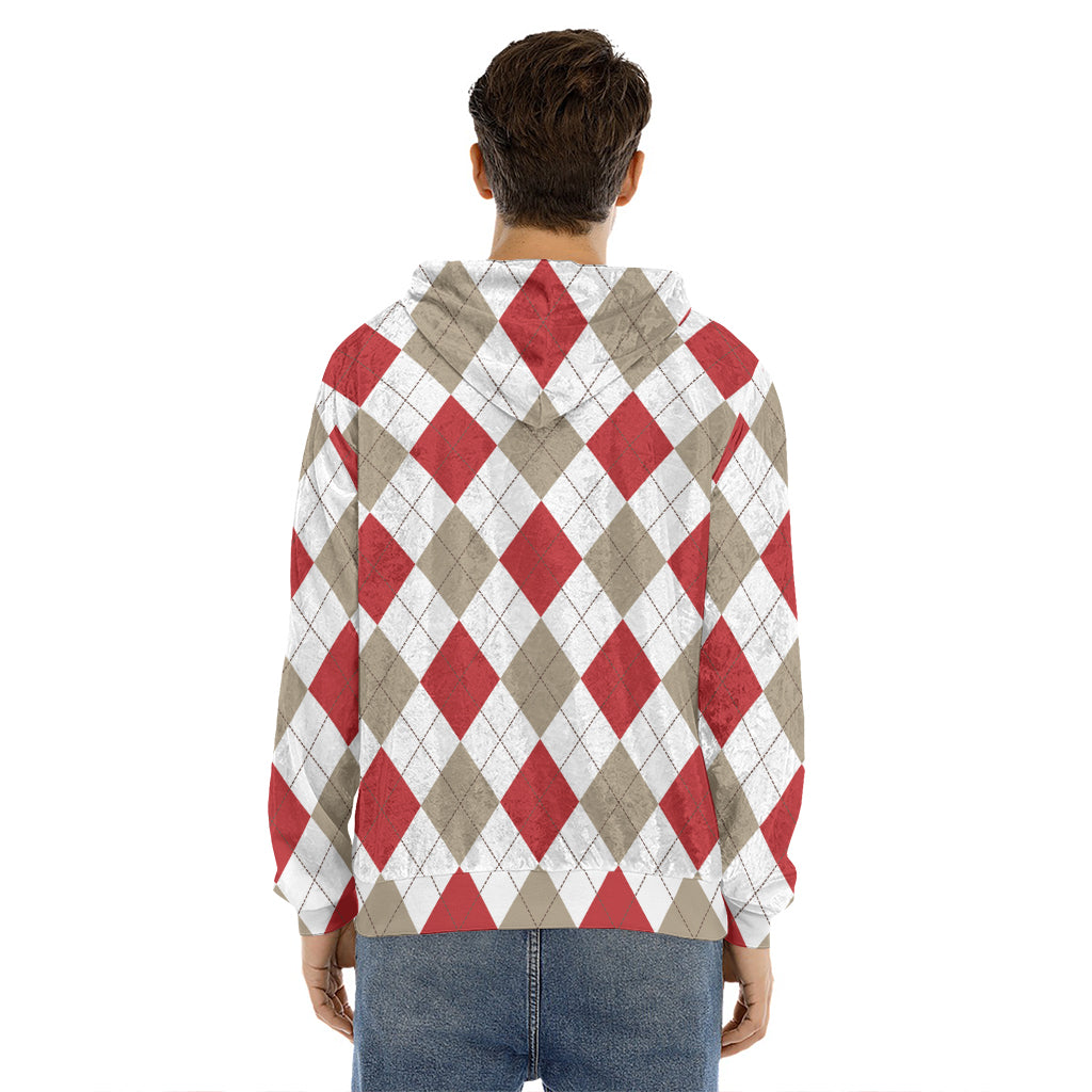 White Red And Beige Argyle Pattern Print Men's Velvet Pullover Hoodie