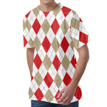 White Red And Beige Argyle Pattern Print Men's Velvet T-Shirt