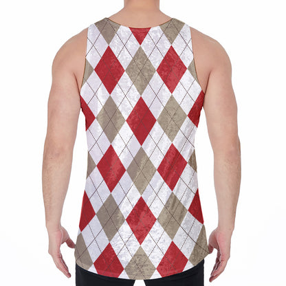 White Red And Beige Argyle Pattern Print Men's Velvet Tank Top