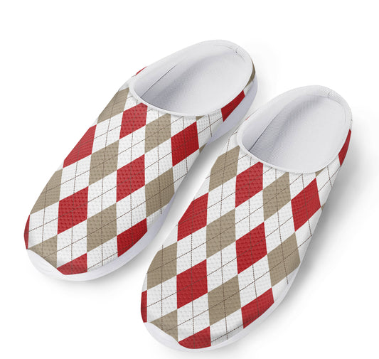 White Red And Beige Argyle Pattern Print Mesh Casual Shoes