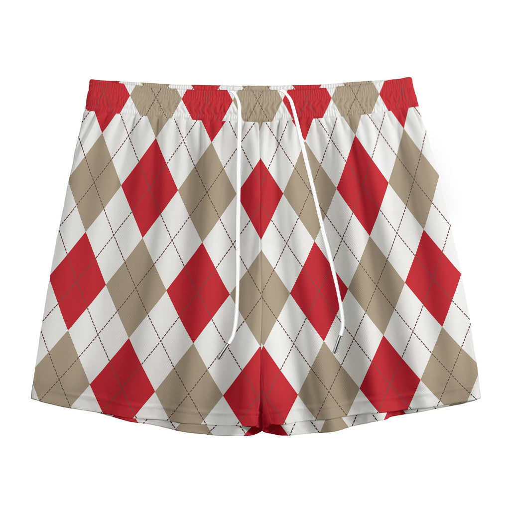 White Red And Beige Argyle Pattern Print Mesh Shorts