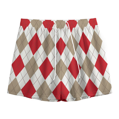 White Red And Beige Argyle Pattern Print Mesh Shorts