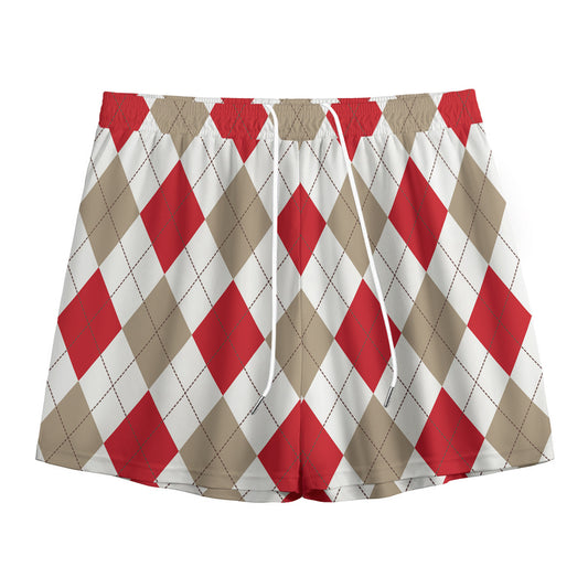 White Red And Beige Argyle Pattern Print Mesh Shorts