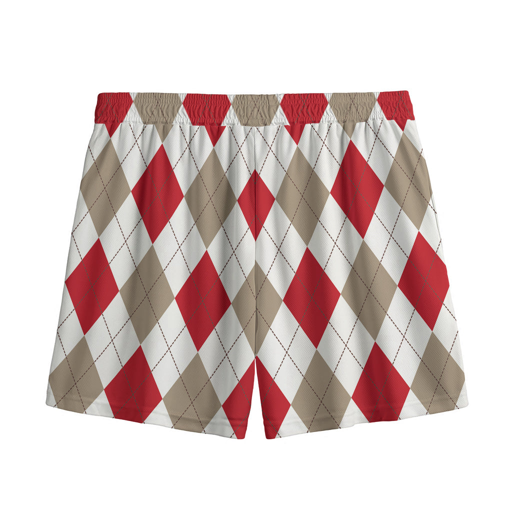 White Red And Beige Argyle Pattern Print Mesh Shorts