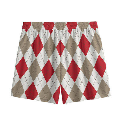 White Red And Beige Argyle Pattern Print Mesh Shorts