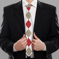 White Red And Beige Argyle Pattern Print Necktie