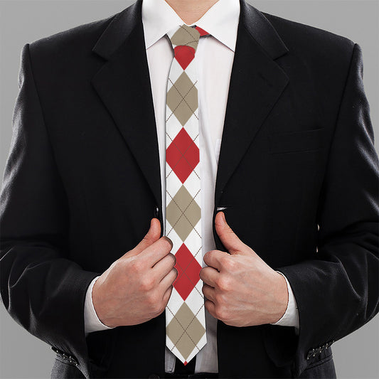 White Red And Beige Argyle Pattern Print Necktie