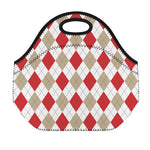 White Red And Beige Argyle Pattern Print Neoprene Lunch Bag