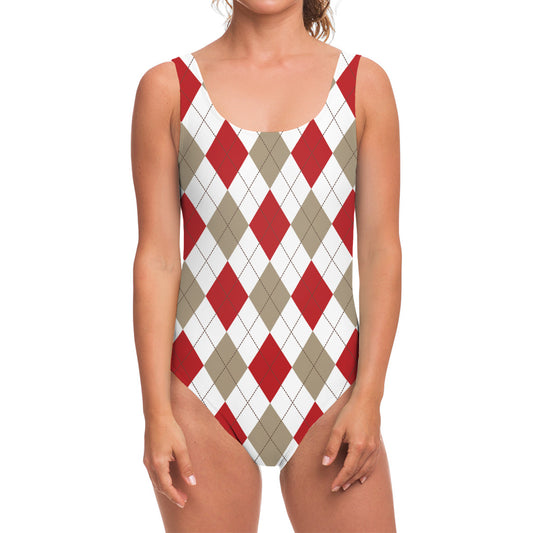 White Red And Beige Argyle Pattern Print One Piece Swimsuit