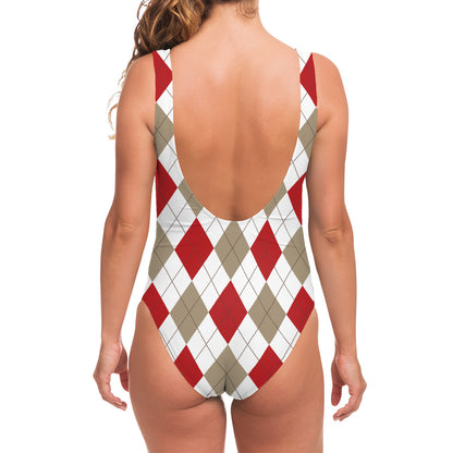 White Red And Beige Argyle Pattern Print One Piece Swimsuit