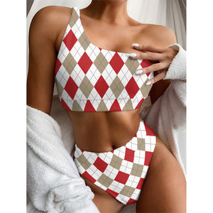 White Red And Beige Argyle Pattern Print One Shoulder Bikini Top