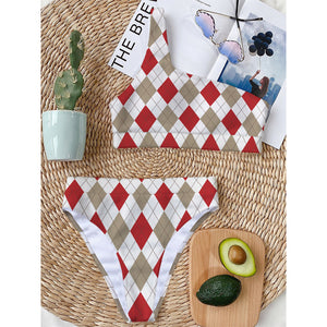 White Red And Beige Argyle Pattern Print One Shoulder Bikini Top