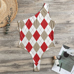 White Red And Beige Argyle Pattern Print One Shoulder Bodysuit