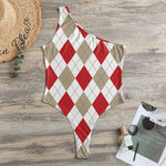 White Red And Beige Argyle Pattern Print One Shoulder Bodysuit