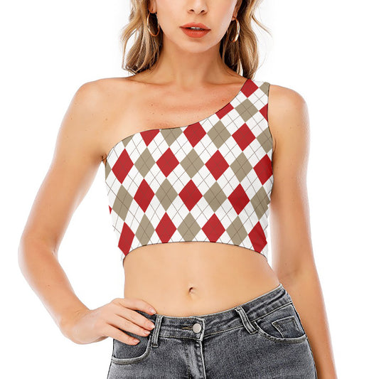 White Red And Beige Argyle Pattern Print One Shoulder Crop Top