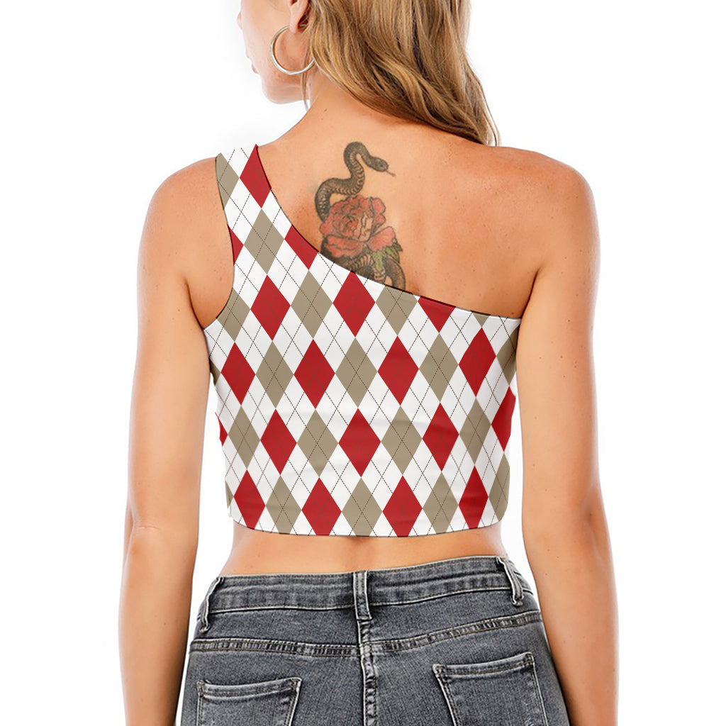 White Red And Beige Argyle Pattern Print One Shoulder Crop Top
