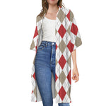 White Red And Beige Argyle Pattern Print Open Front Beach Cover Up