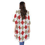 White Red And Beige Argyle Pattern Print Open Front Beach Cover Up