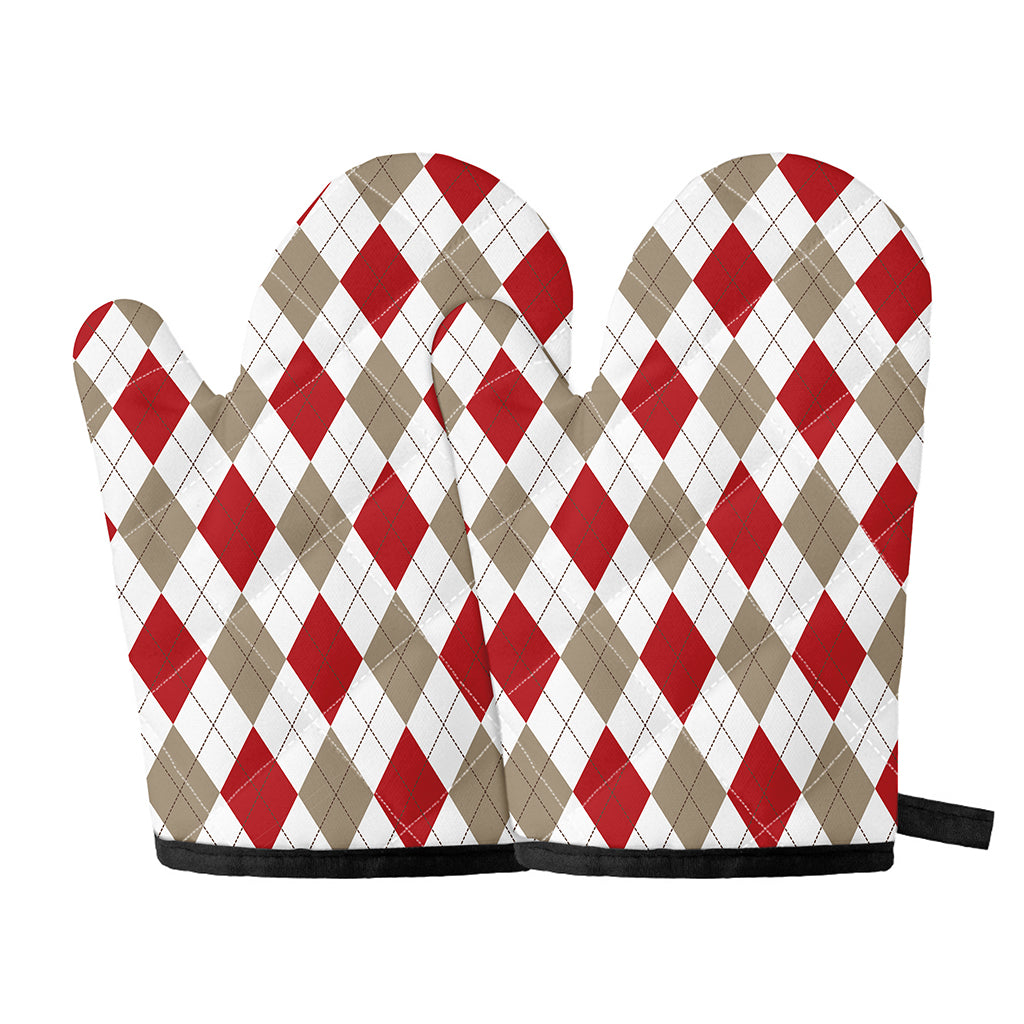 White Red And Beige Argyle Pattern Print Oven Mitts