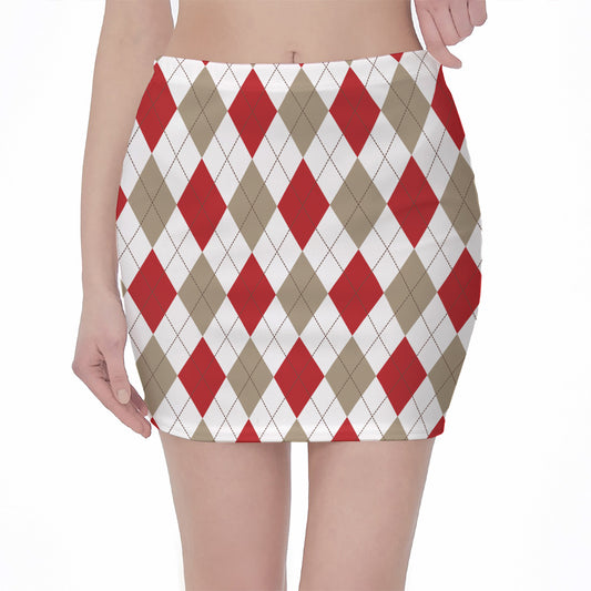 White Red And Beige Argyle Pattern Print Pencil Mini Skirt