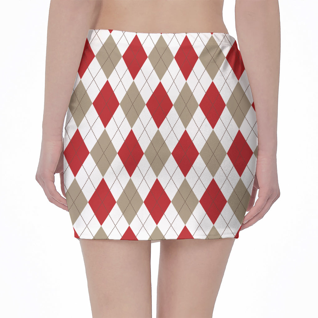 White Red And Beige Argyle Pattern Print Pencil Mini Skirt