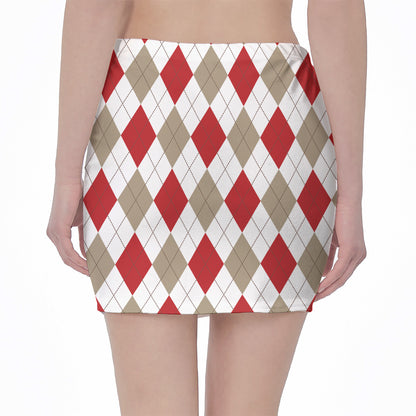 White Red And Beige Argyle Pattern Print Pencil Mini Skirt