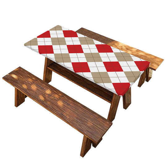 White Red And Beige Argyle Pattern Print Picnic Table Cover