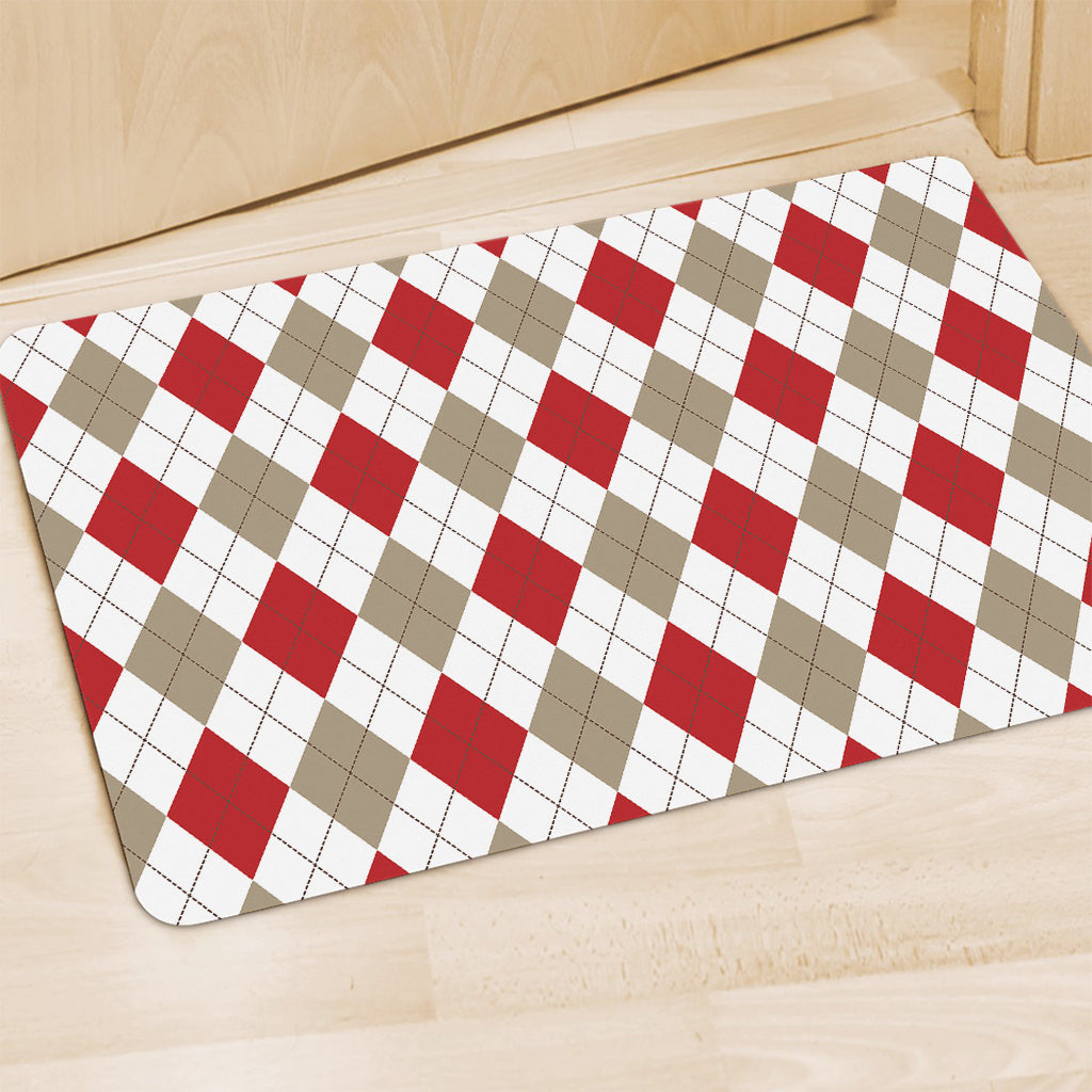 White Red And Beige Argyle Pattern Print Polyester Doormat