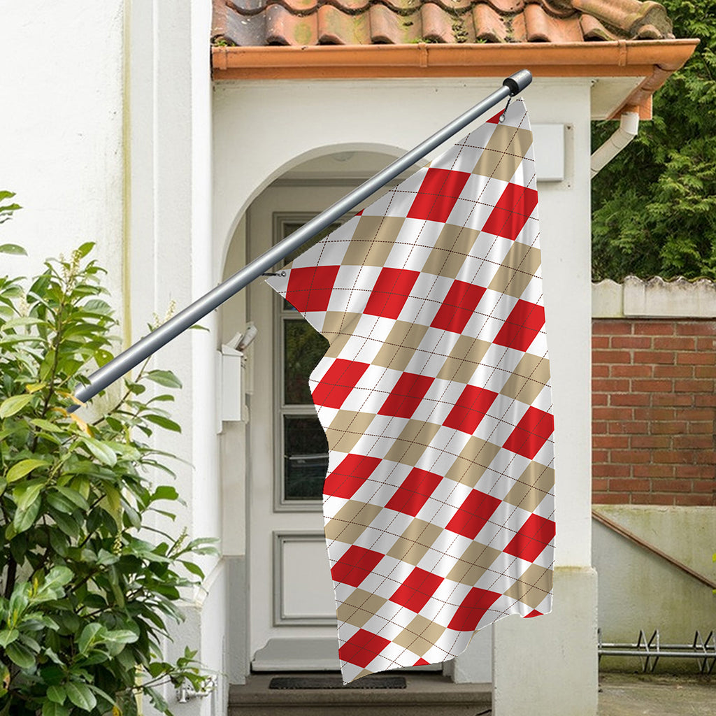 White Red And Beige Argyle Pattern Print Polyester Flag
