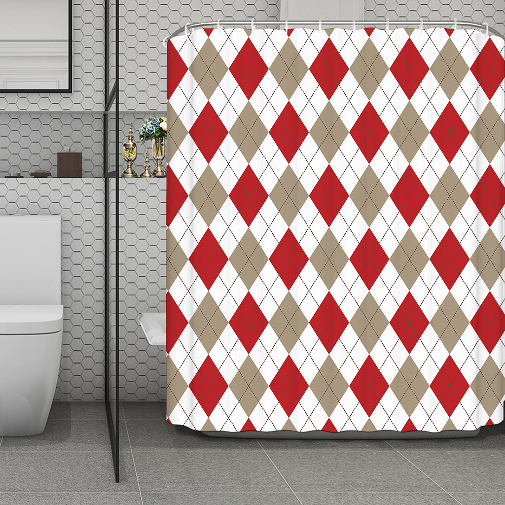 White Red And Beige Argyle Pattern Print Polyester Shower Curtain