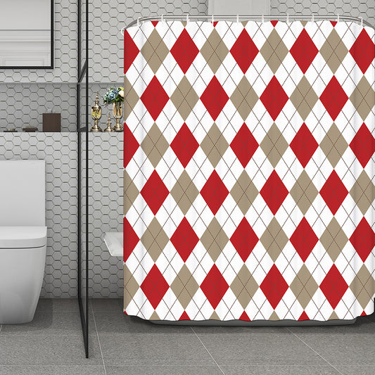 White Red And Beige Argyle Pattern Print Polyester Shower Curtain