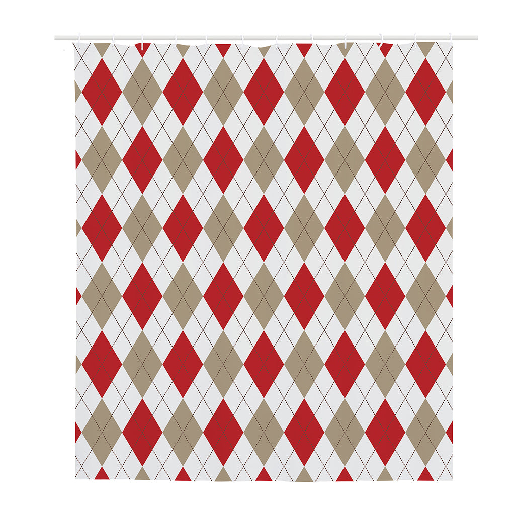 White Red And Beige Argyle Pattern Print Polyester Shower Curtain