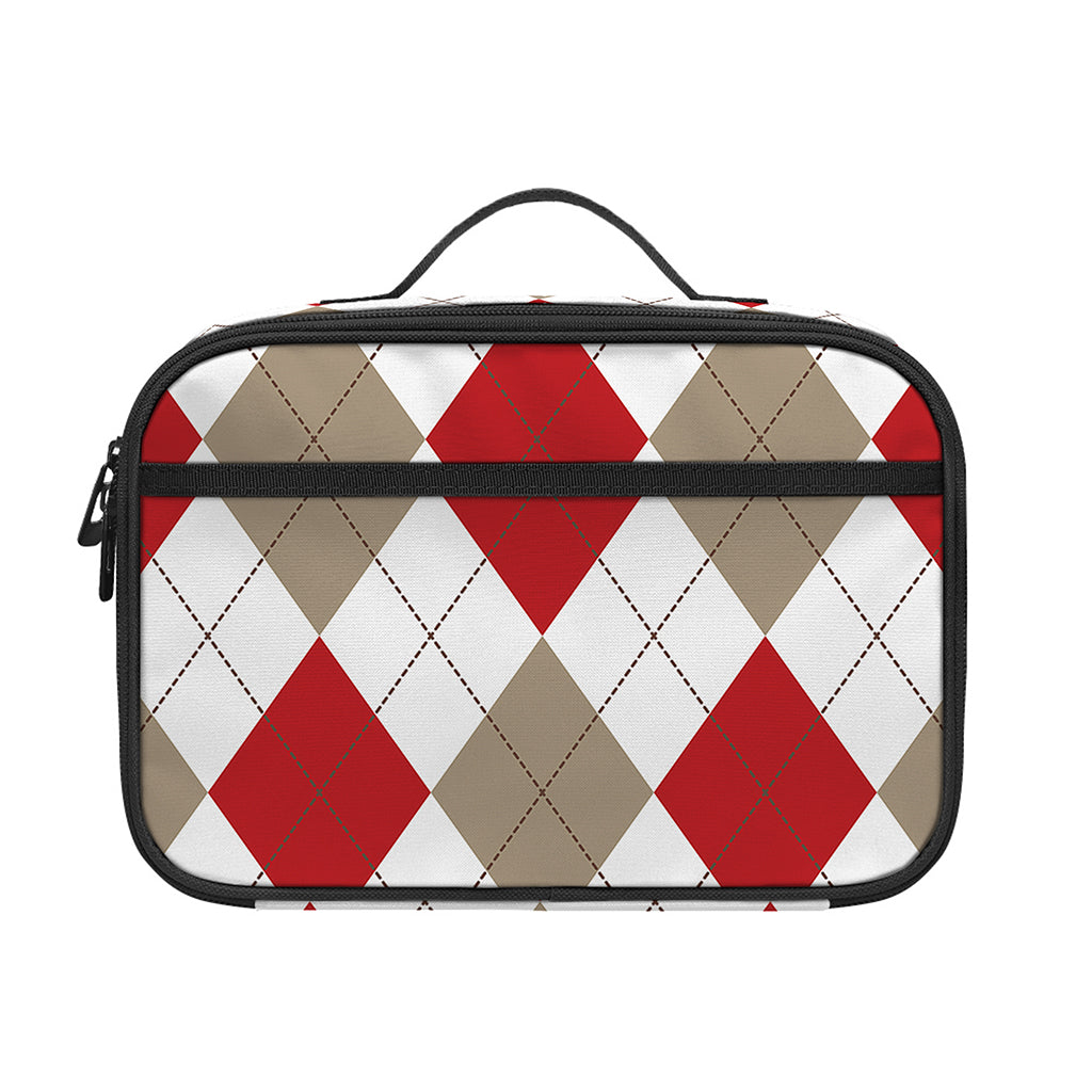 White Red And Beige Argyle Pattern Print Portable Lunch Bag