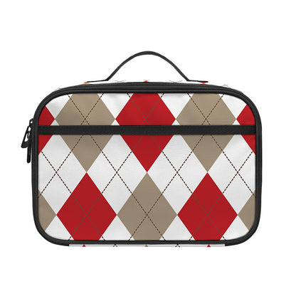 White Red And Beige Argyle Pattern Print Portable Lunch Bag